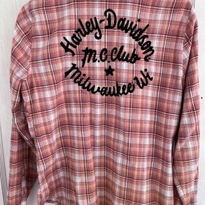 Pink flannel Genuine Harley Davidson.  Cute style with retro script.